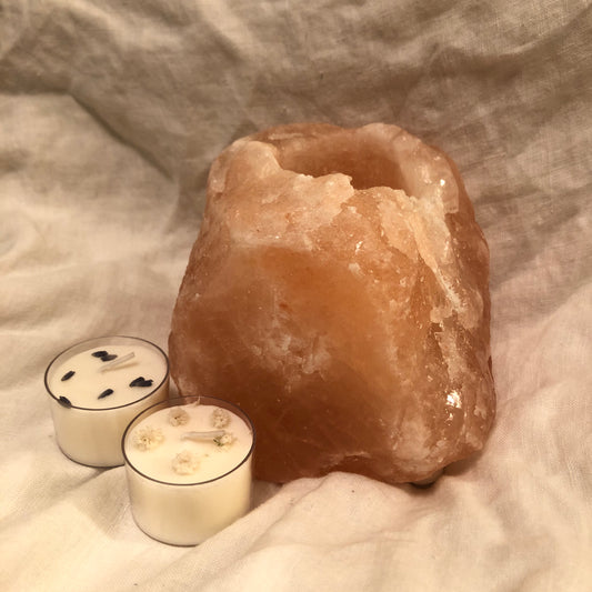 Pink Himalayan salt candle holder and two candles
