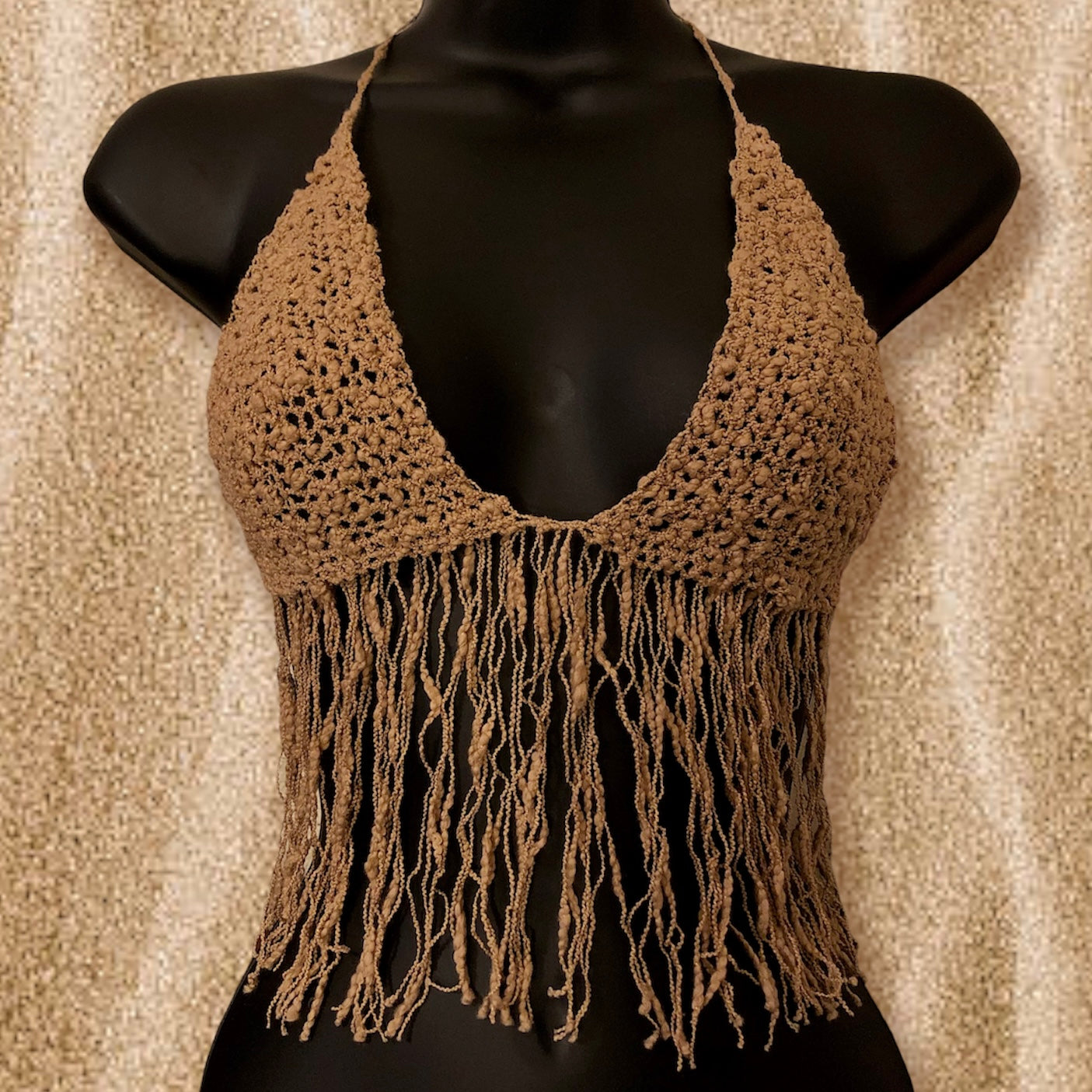 Light brown crochet fringe halter top
